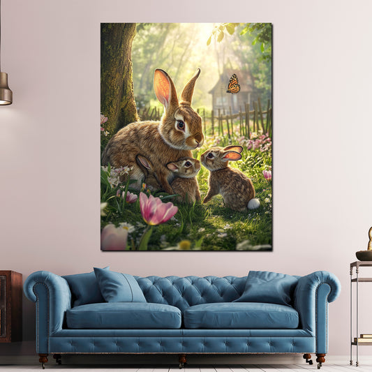 Conigli in un prato fiorito quadro