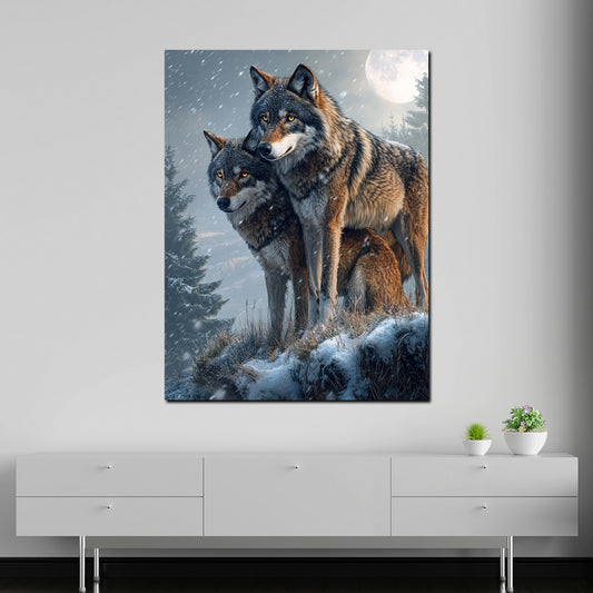 Coppia di lupi neve bosco e luna piena quadro