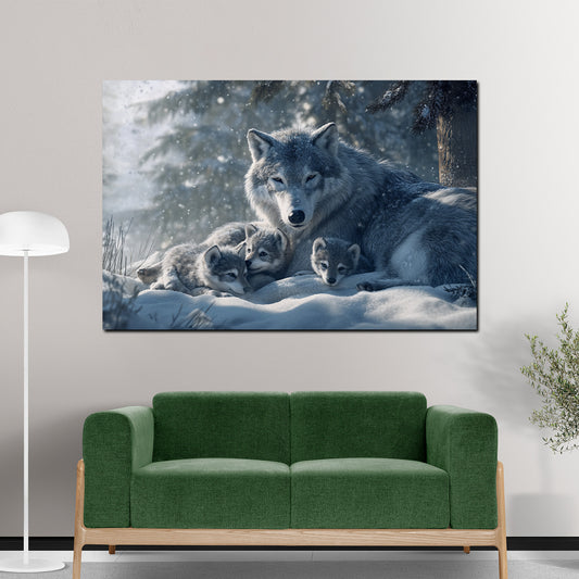Famiglia di lupi cuccioli neve foresta quadro