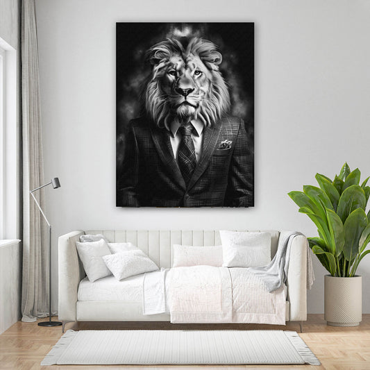 Leone con abito bianco e nero pop art quadro