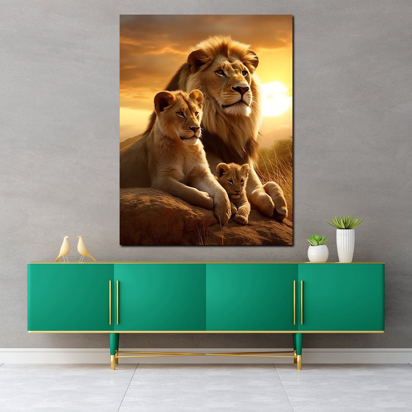 Quadro Africa tramonto famiglia di leoni
