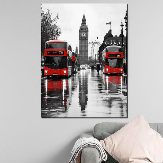 Quadro Londra Big Ben autobus rossi città riflessi pioggia