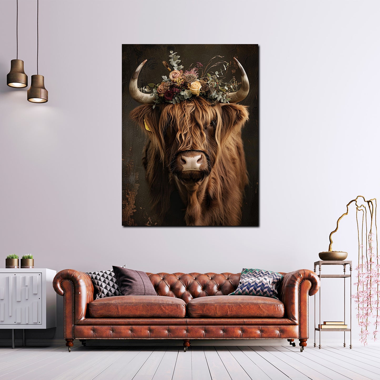 Quadro Mucca rustico con corona di fiori boho naturale