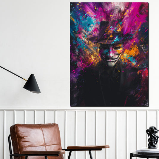 Quadro Pop Art Anonymous con maschera e cappello dai colori vivaci
