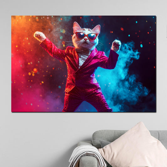 Quadro Pop Art gatto in completo festa colori moderno