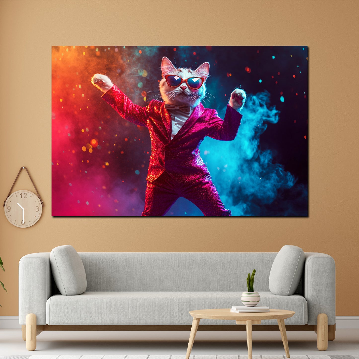 Quadro Pop Art gatto in completo festa colori moderno