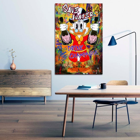 Quadro Pop Art papero Save Water Drink Champagne soldi successo