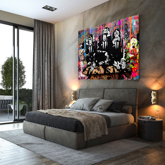 Quadro Scimmie in abito con graffiti pop art e elementi fumettistici