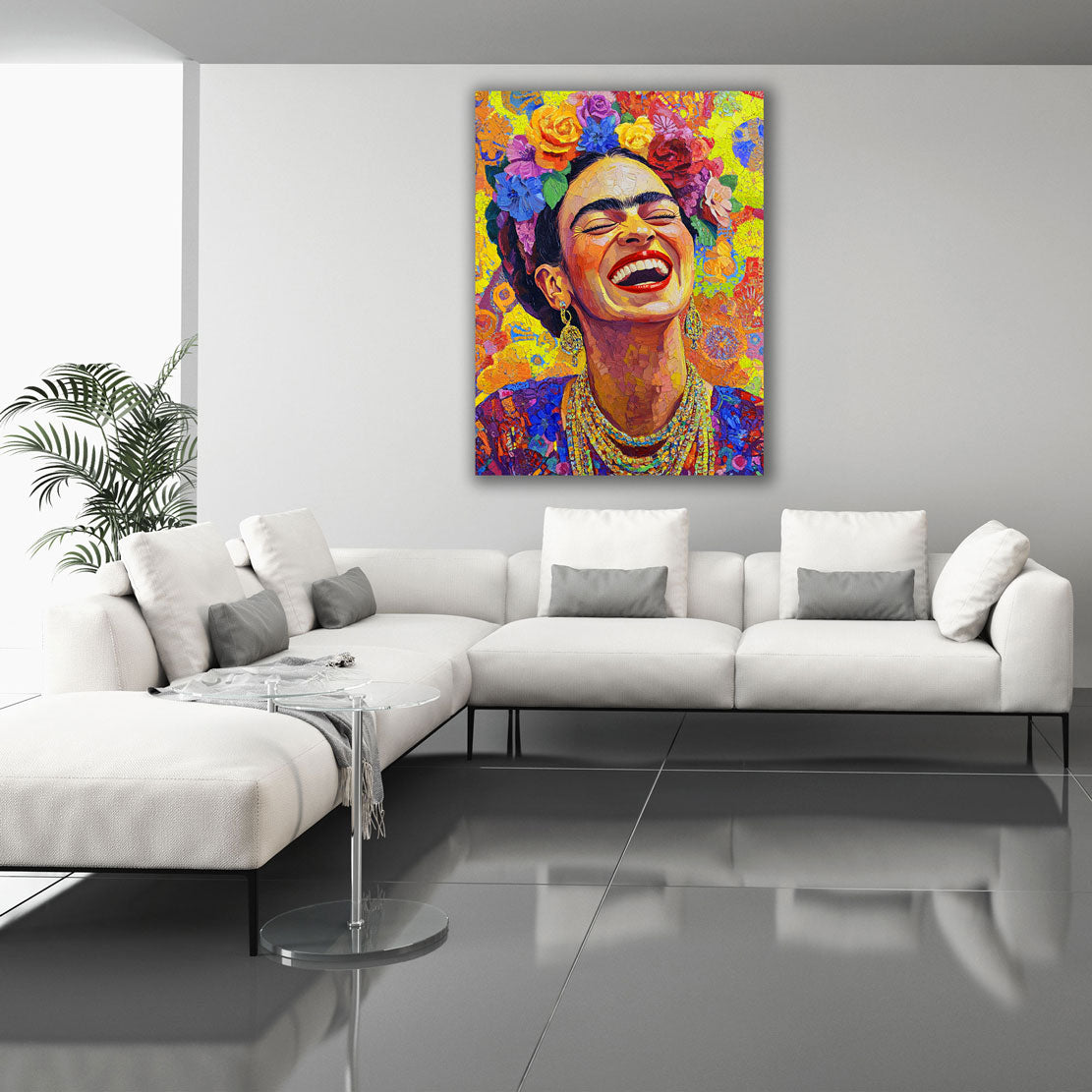 Quadro astratto Frida con fiori e sorriso in stile Pop Art