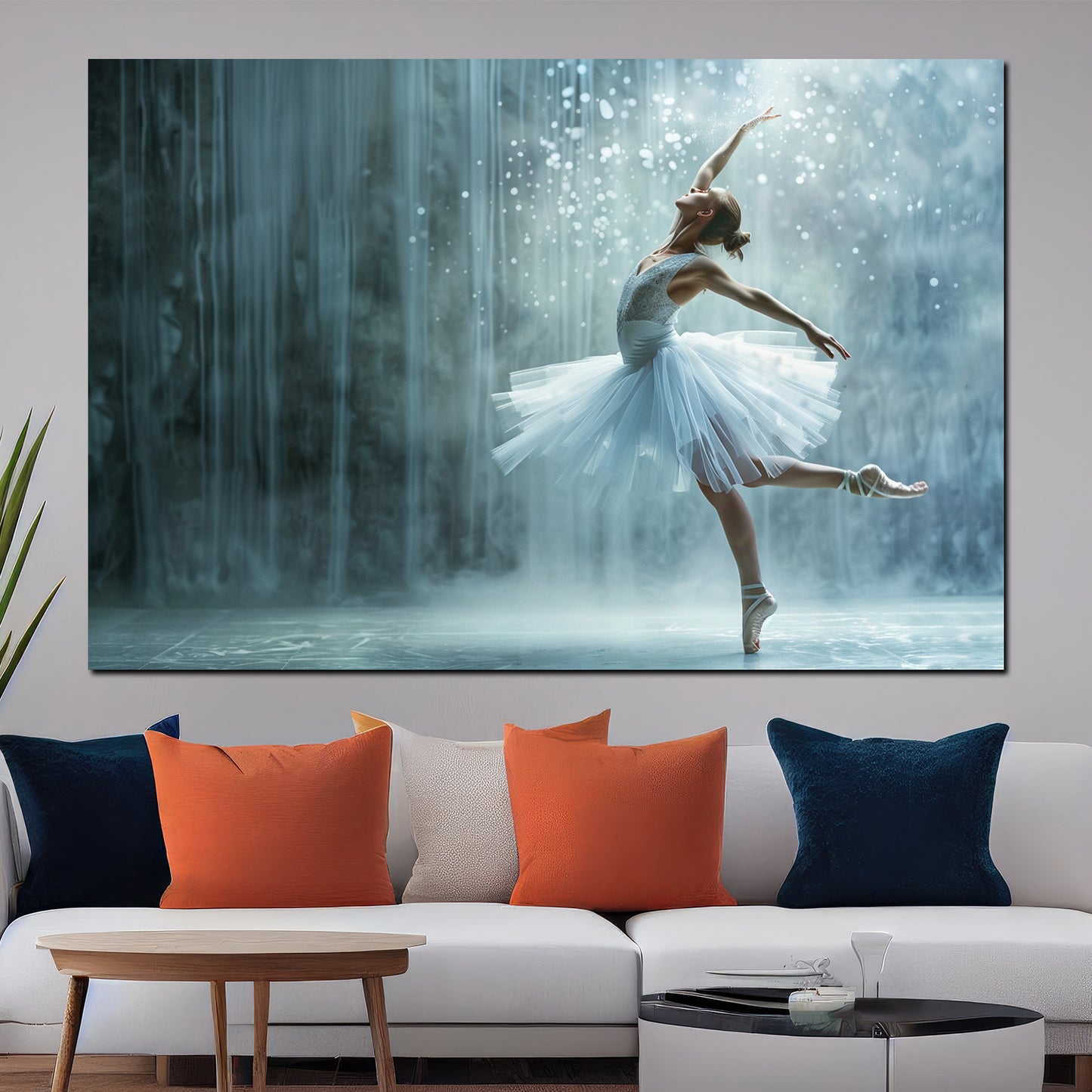 Quadro astratto ballerina in bianco davanti alla cascata