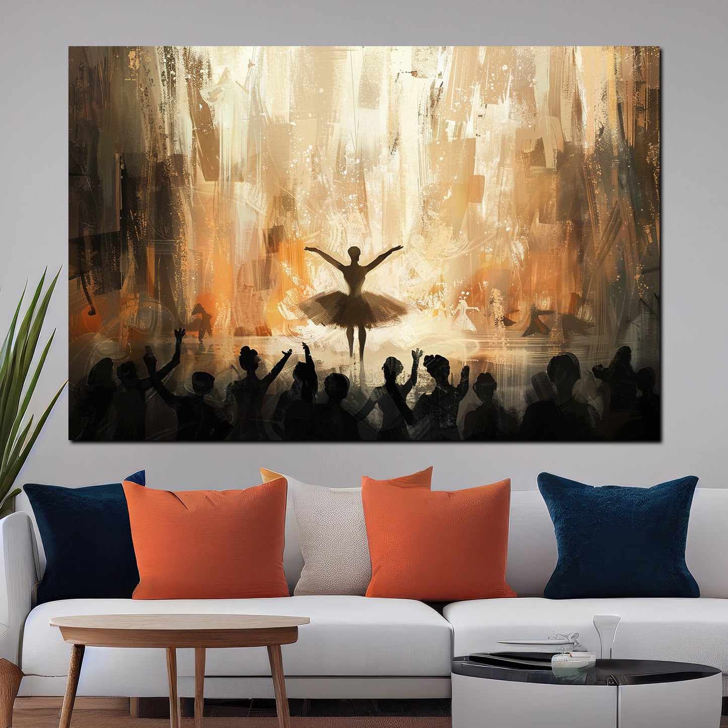 Quadro astratto ballerina sotto i riflettori dorati