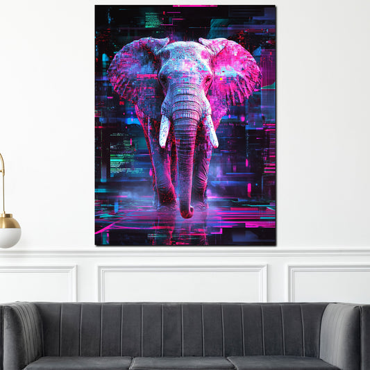 Quadro astratto elefante con effetti neon e atmosfera futuristica