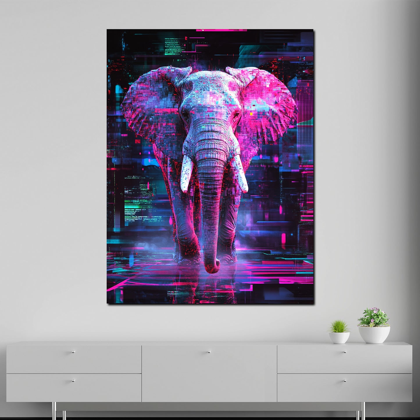 Quadro astratto elefante con effetti neon e atmosfera futuristica