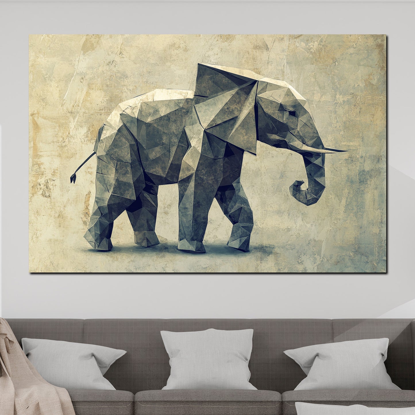 Quadro astratto elefante in forma geometrica con sfondo vintage