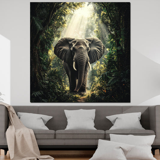Quadro astratto elefante nella giungla lussureggiante con luce solare