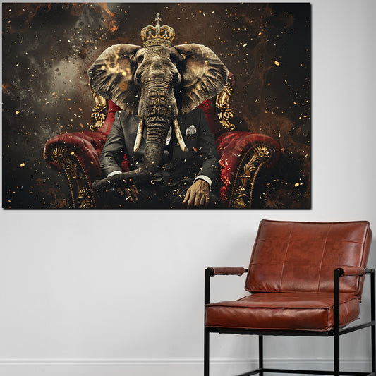 Quadro astratto elefante reale con corona su trono lussuoso