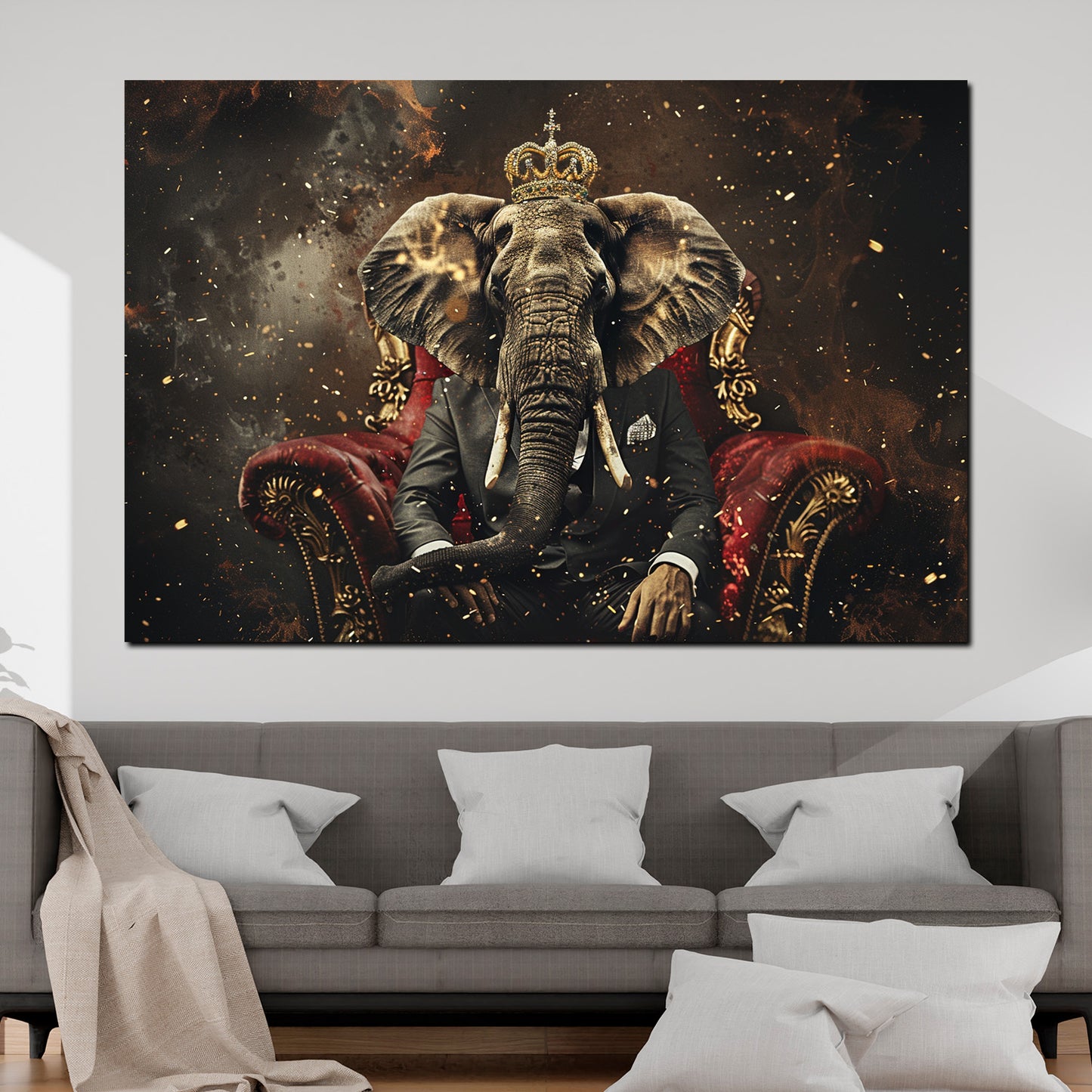 Quadro astratto elefante reale con corona su trono lussuoso