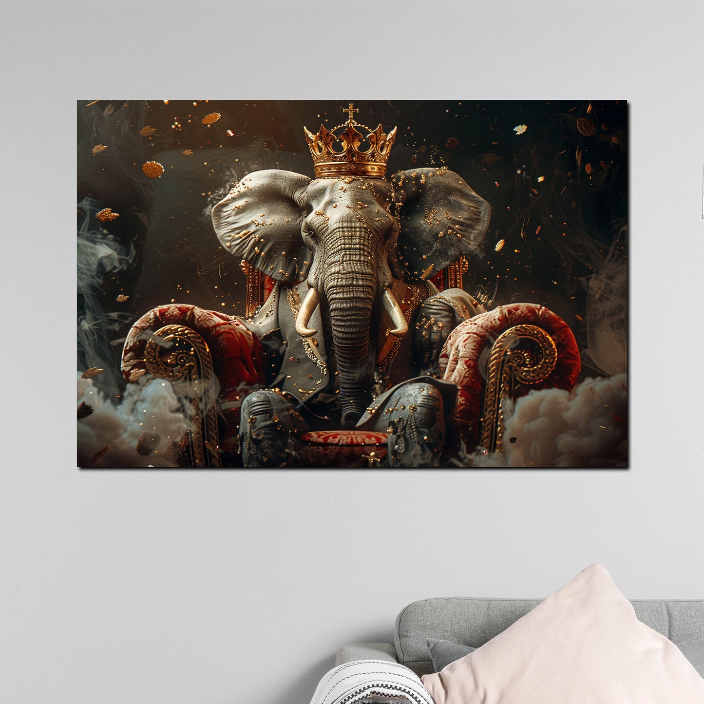 Quadro astratto elefante reale con corona su trono lussuoso