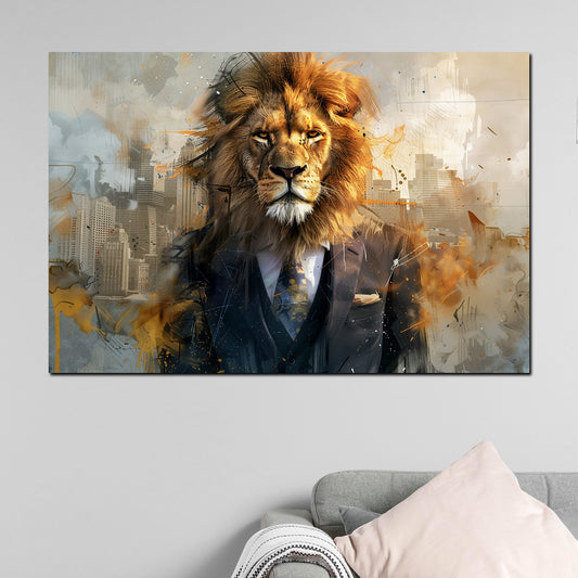 Quadro astratto leone in abito elegante urbano moderno