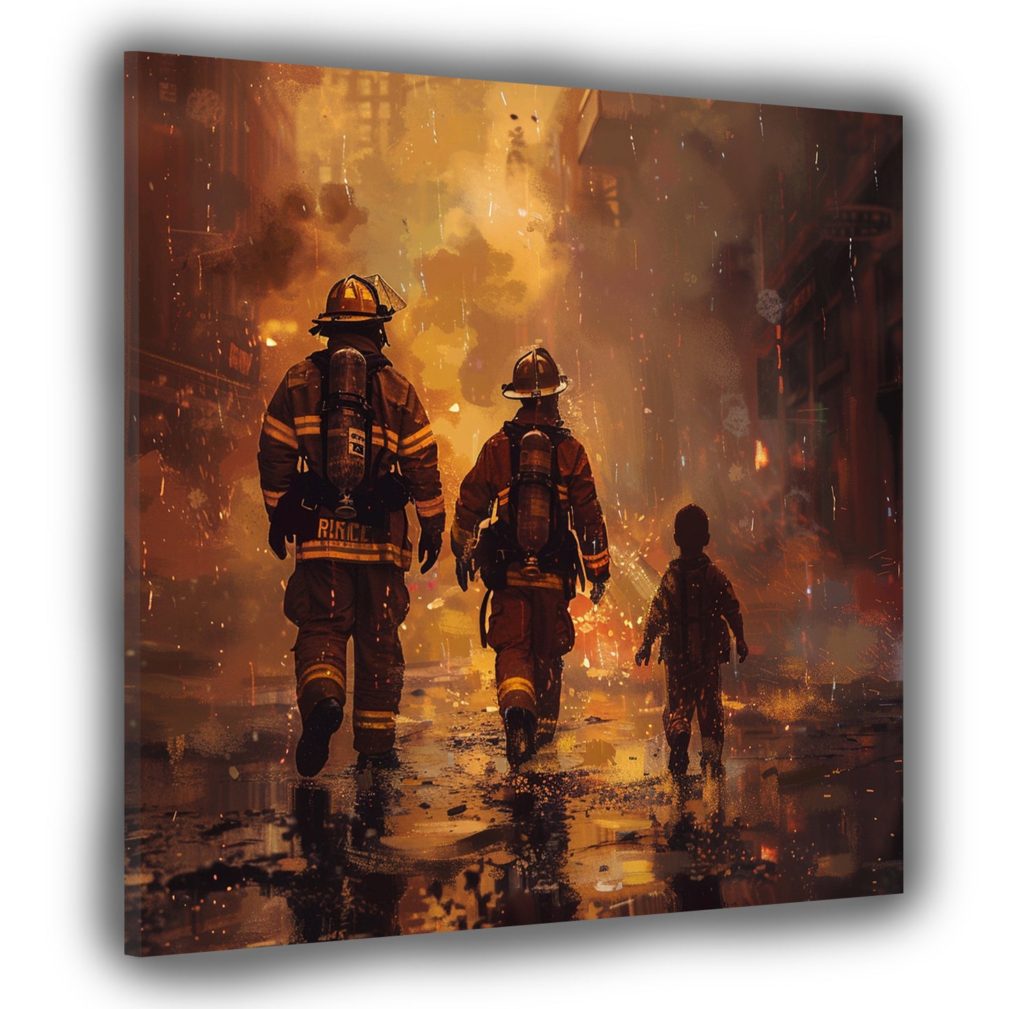 Quadro astratto pompieri in azione con child