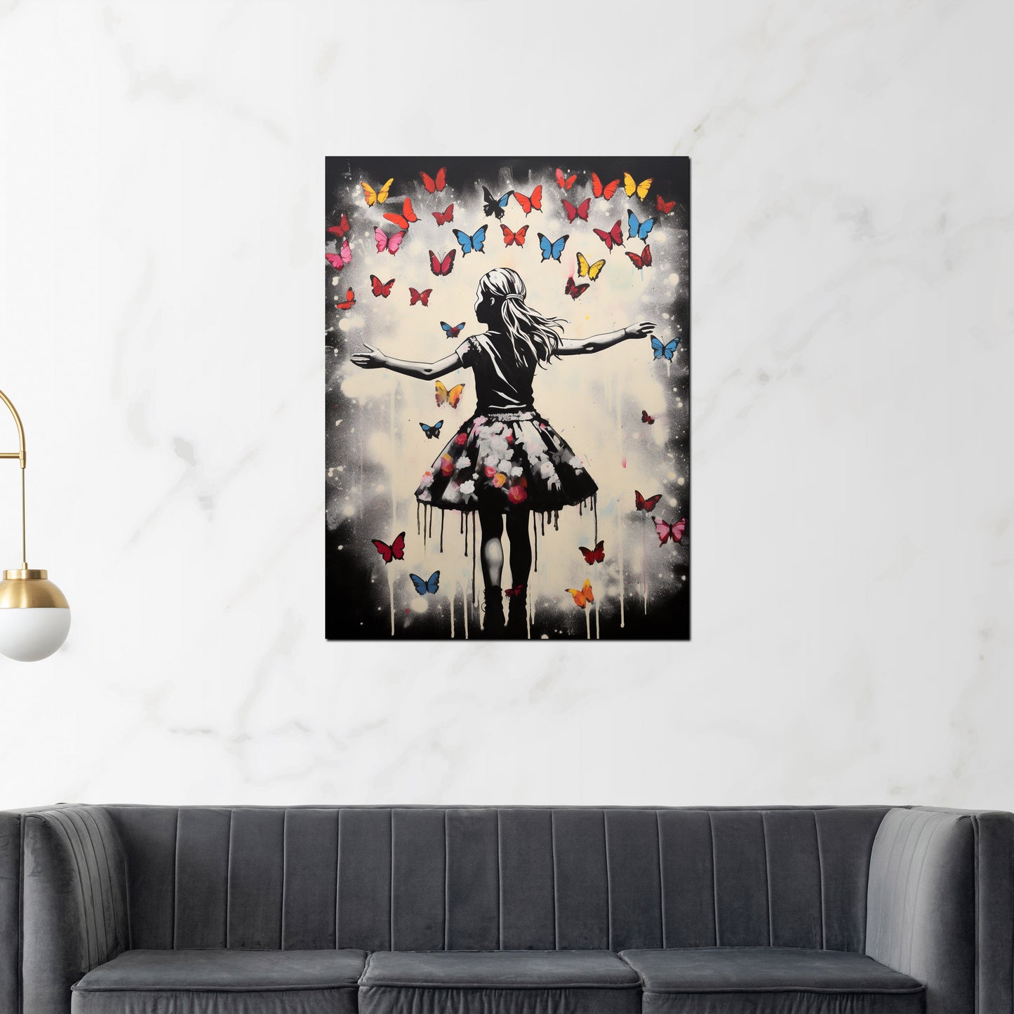 Quadro astratto street art ragazza con farfalle