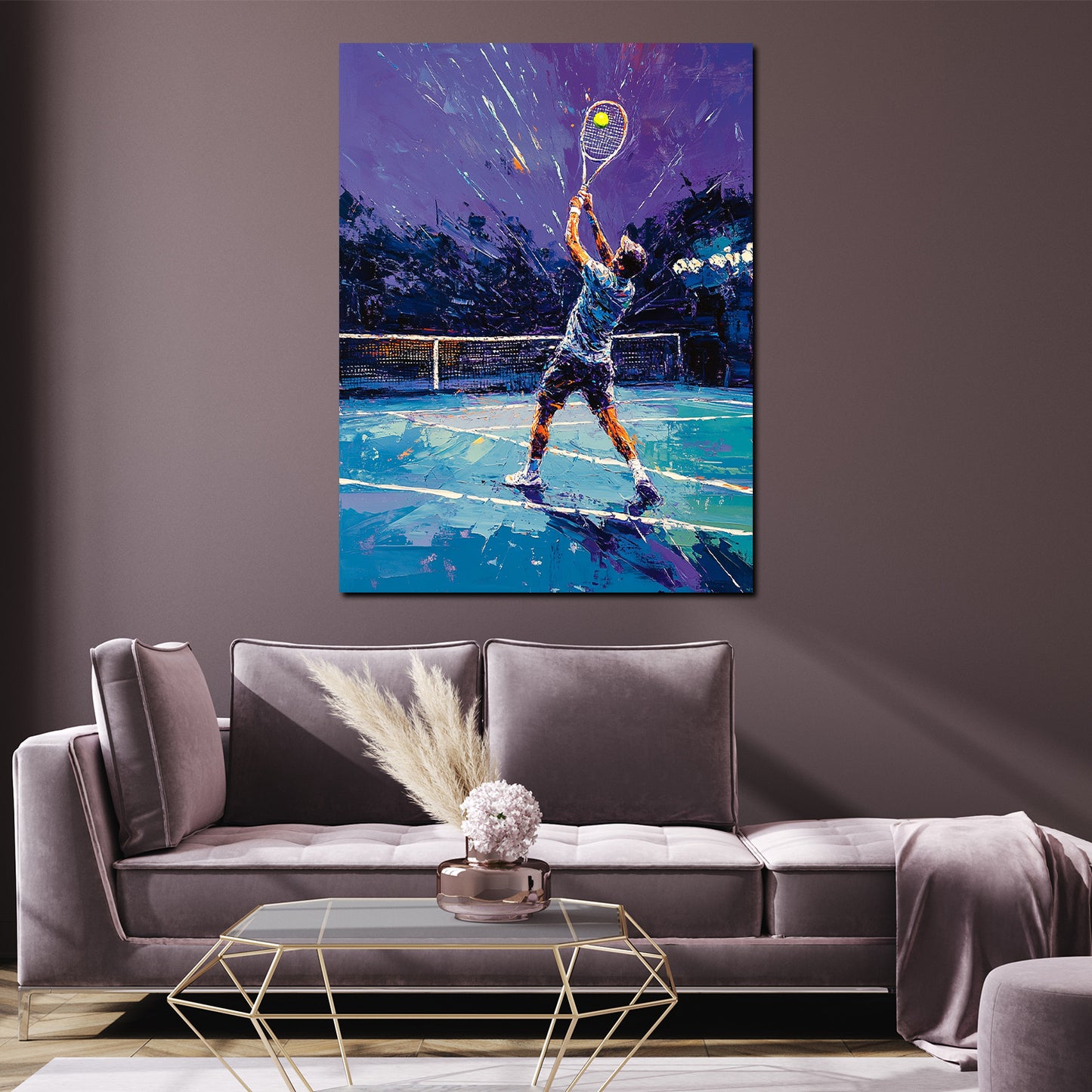 Quadro astratto tennista al servizio moderno sportivo