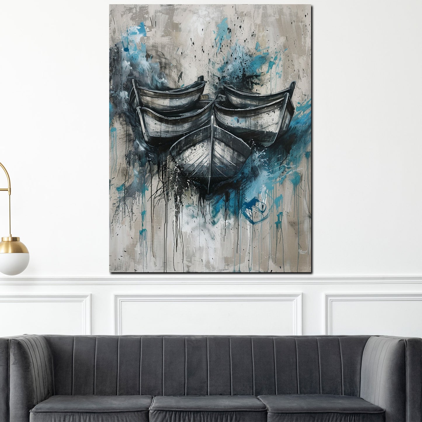 Quadro barche astratte nei toni del blu e grigio