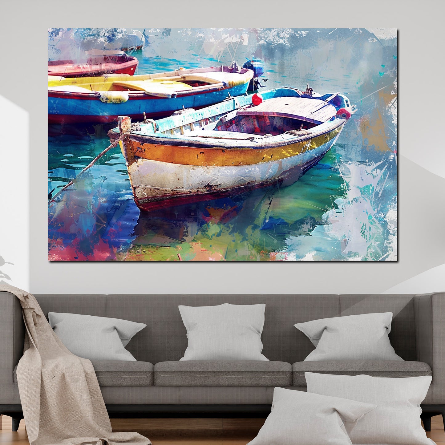 Quadro barche colorate sull'acqua astratto