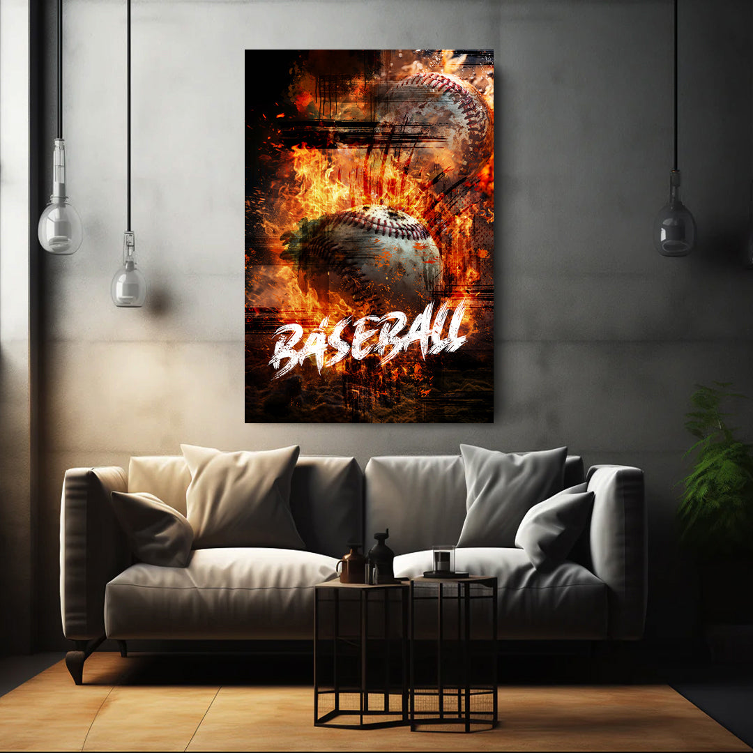 Quadro baseball con palla infuocata e fiamme