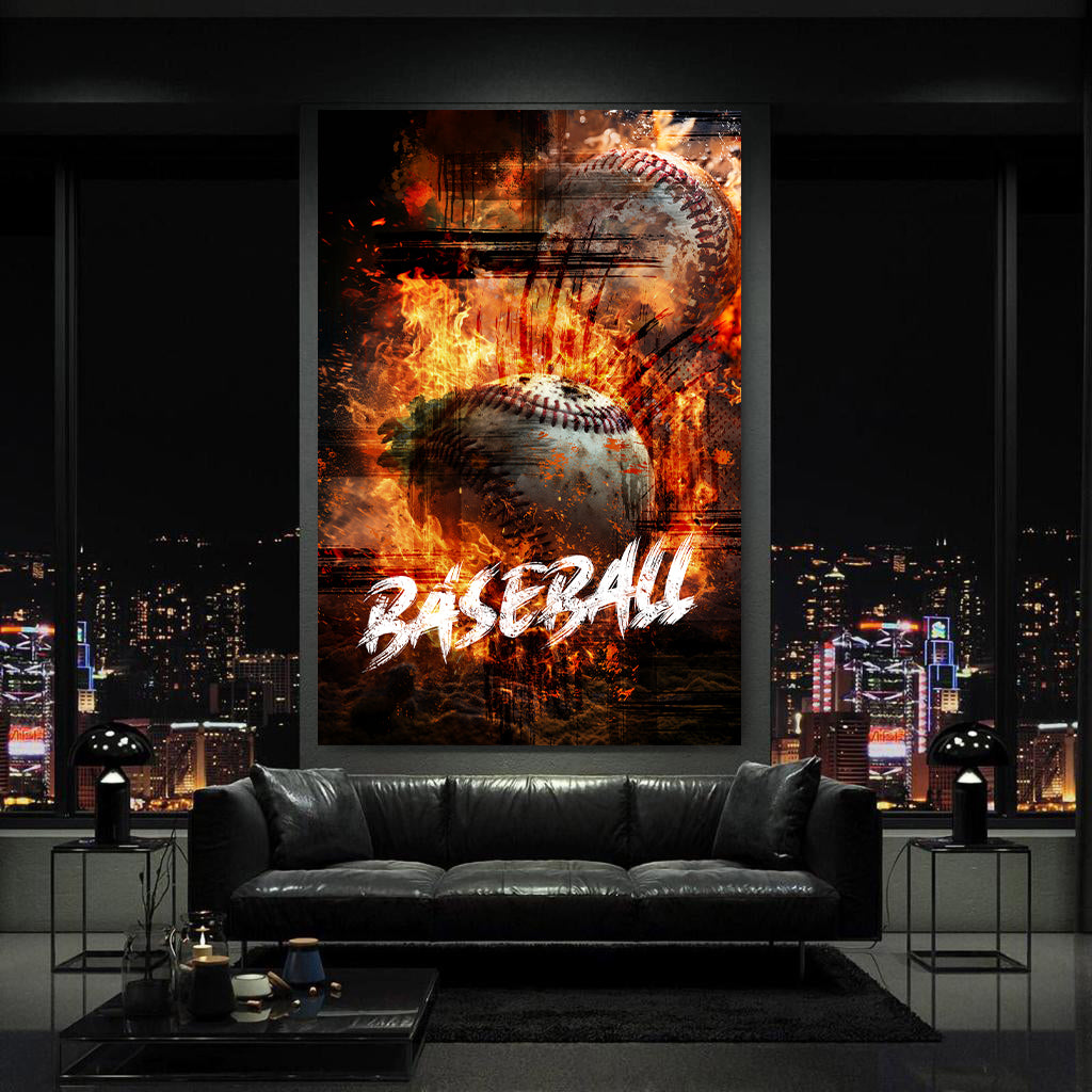 Quadro baseball con palla infuocata e fiamme