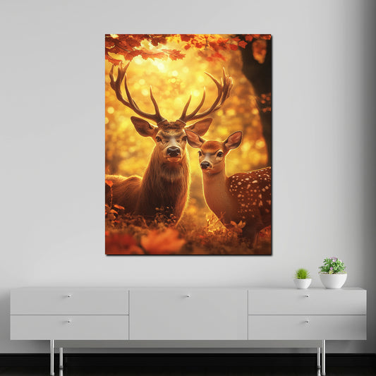 Quadro cervi coppia foresta autunno luce natura