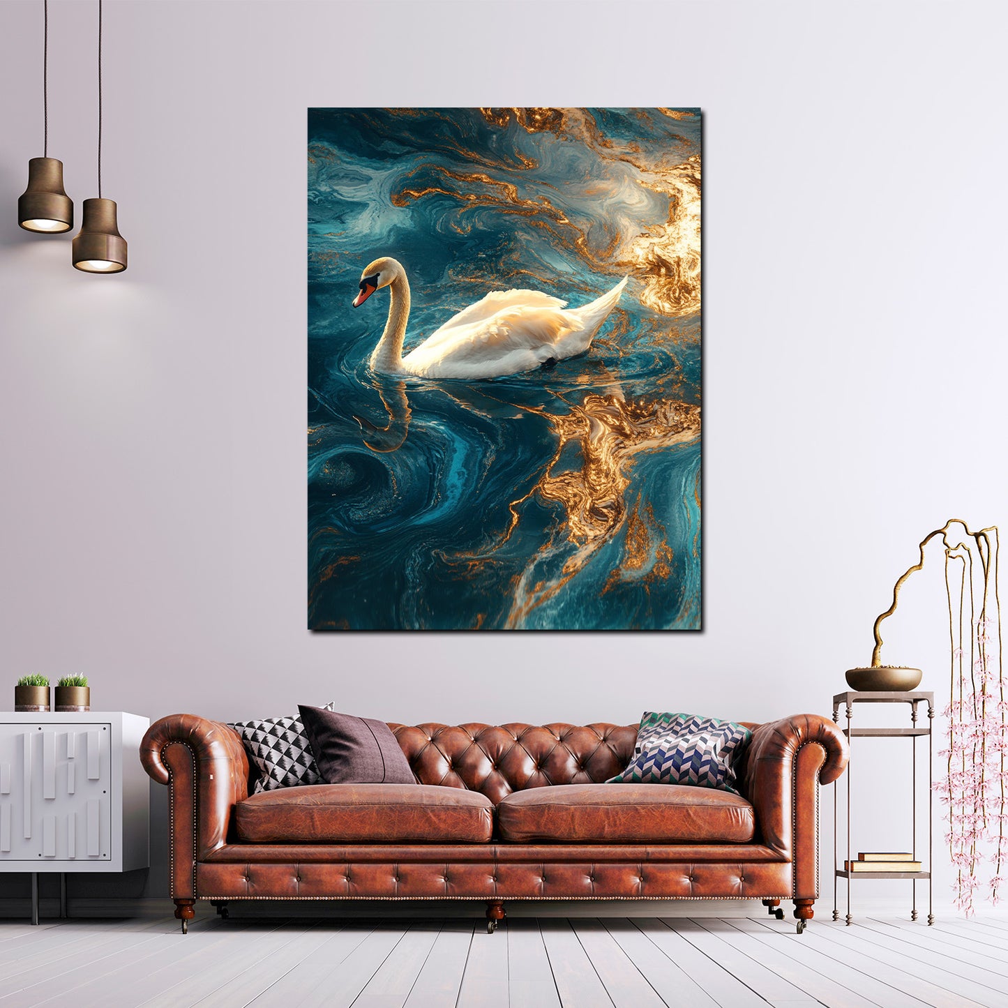 Quadro cigno elegante in'acqua oro blu magia eleganza moderno