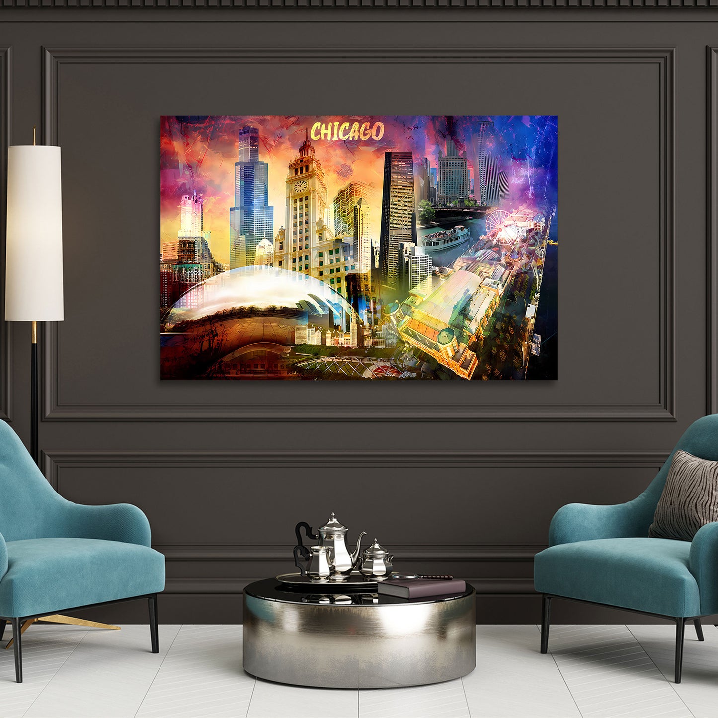 Quadro città Chicago skyline USA architettura pop art