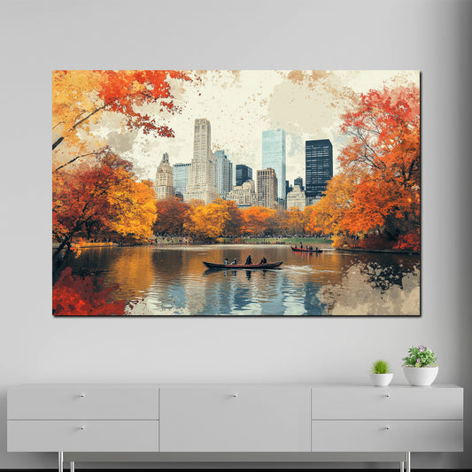 Quadro città New York autunno Central Park barche skyline moderno