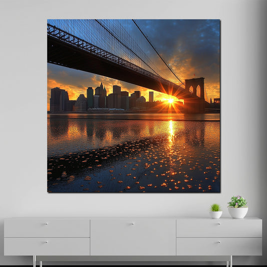 Quadro città New York tramonto ponte skyline riflesso moderno