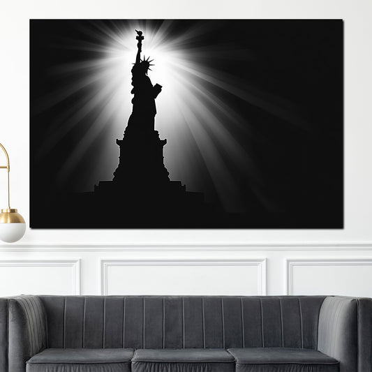 Quadro città new york statua della libertà bianco nero raggi di luce
