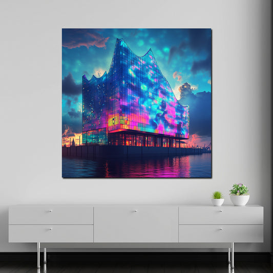 Quadro città pop art amburgo elbphilharmonie architettura colorata riflessi luce