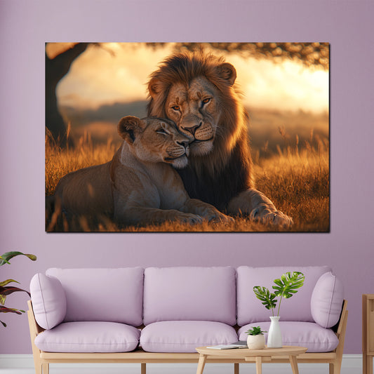 Quadro coppia di leoni affettuosa savana tramonto