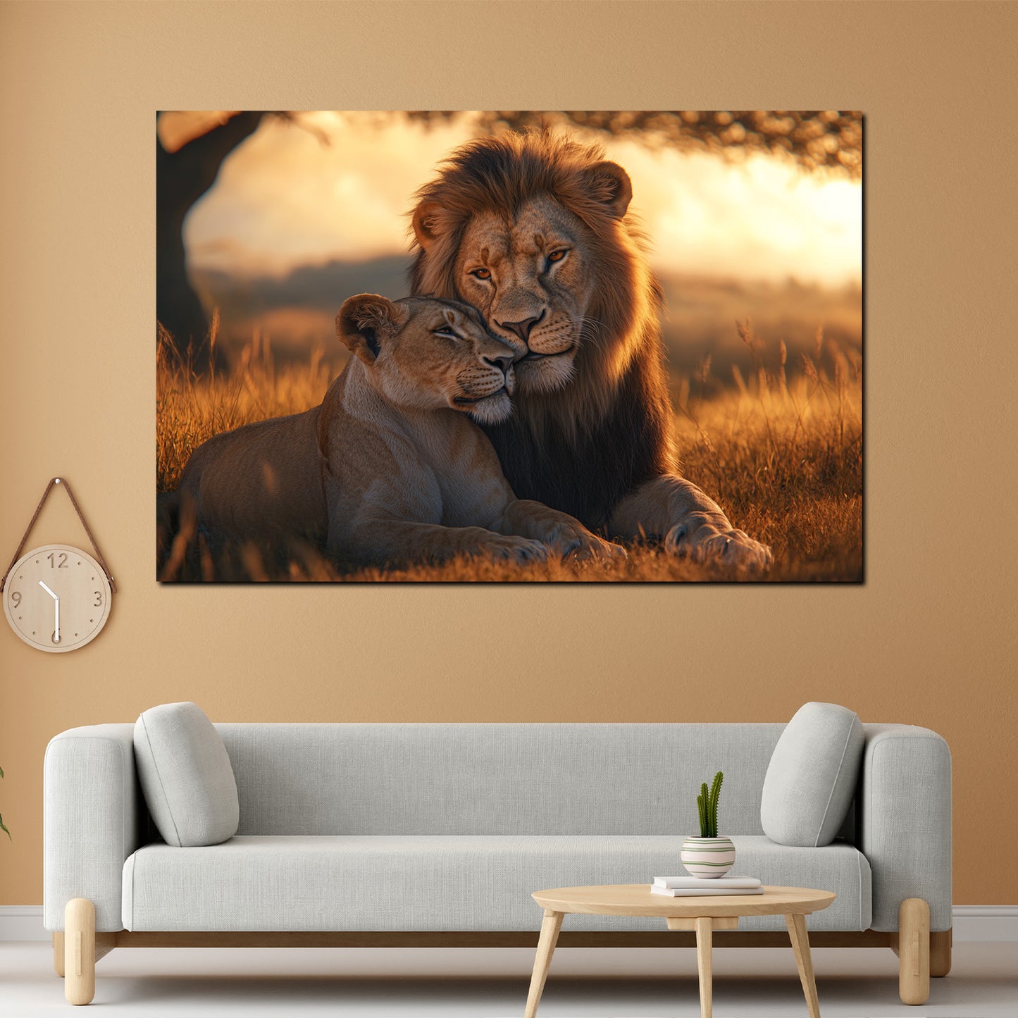 Quadro coppia di leoni affettuosa savana tramonto