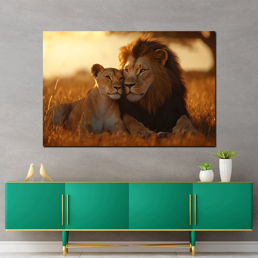 Quadro coppia di leoni innamorata savana tramonto