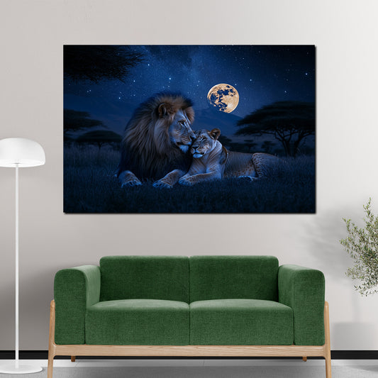 Quadro coppia di leoni romantica notte savana luna piena