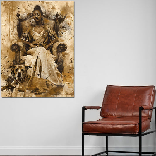 Quadro donna africana con cane stile vintage