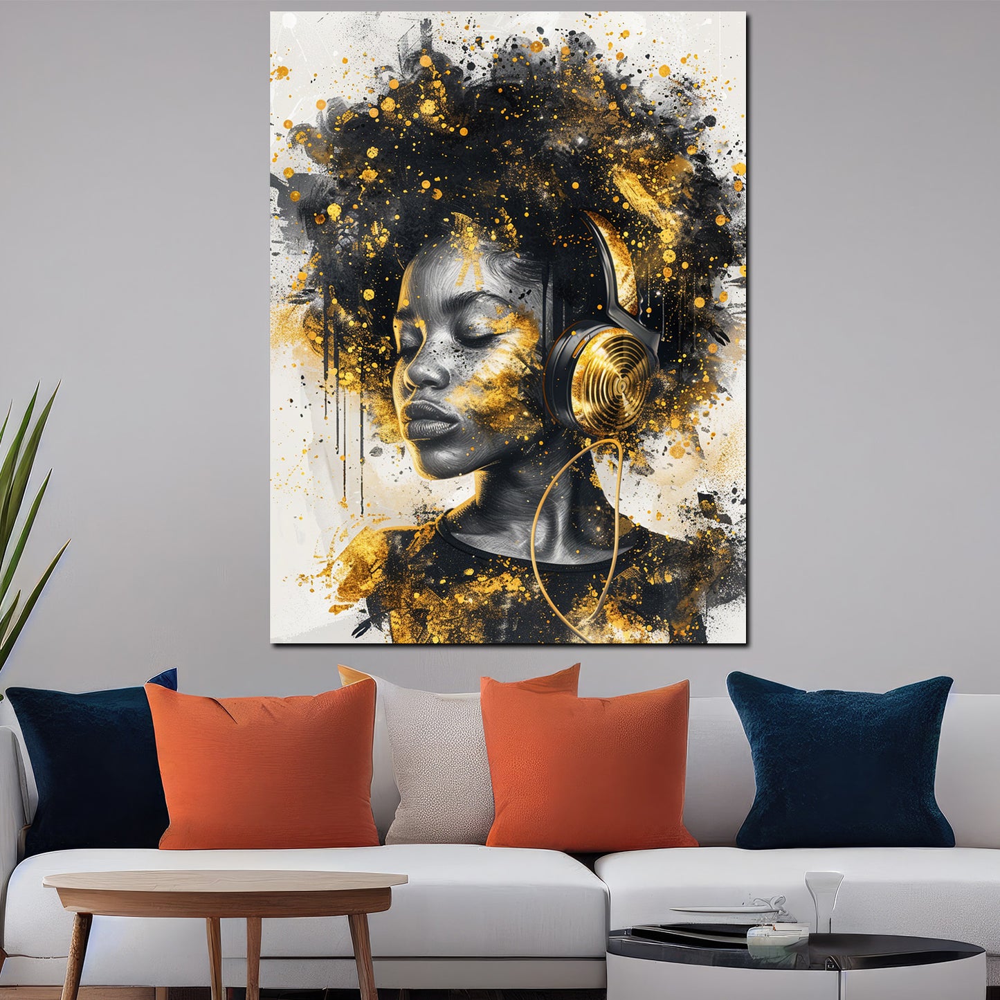 Quadro donna africana con cuffie oro moderna ed elegante