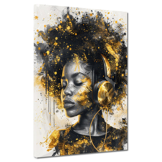 Quadro donna africana con cuffie oro moderna ed elegante