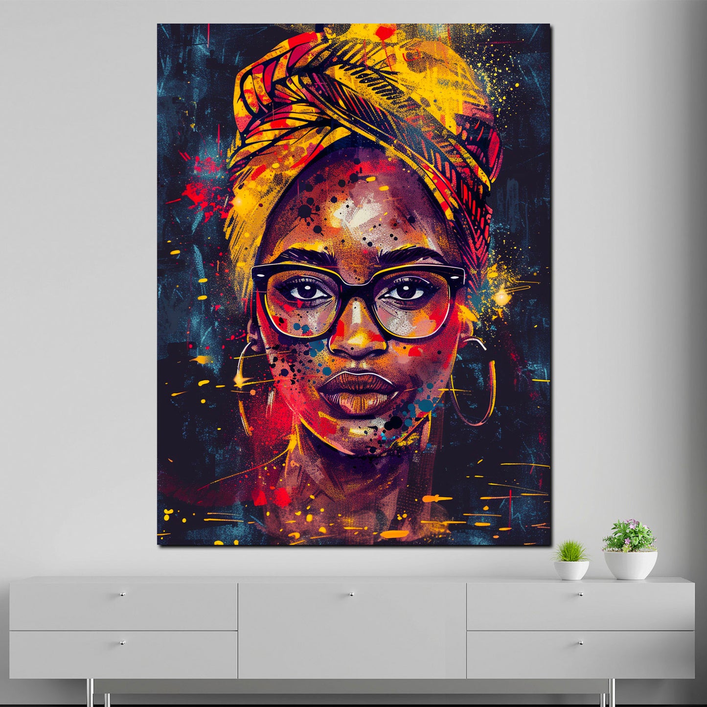Quadro donna africana moderna con occhiali e turbante stile pop art