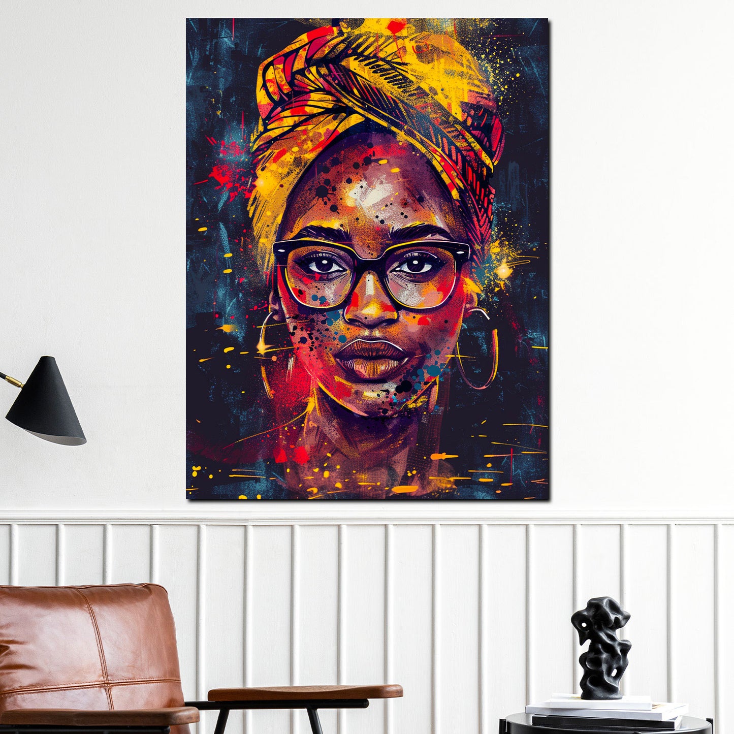 Quadro donna africana moderna con occhiali e turbante stile pop art