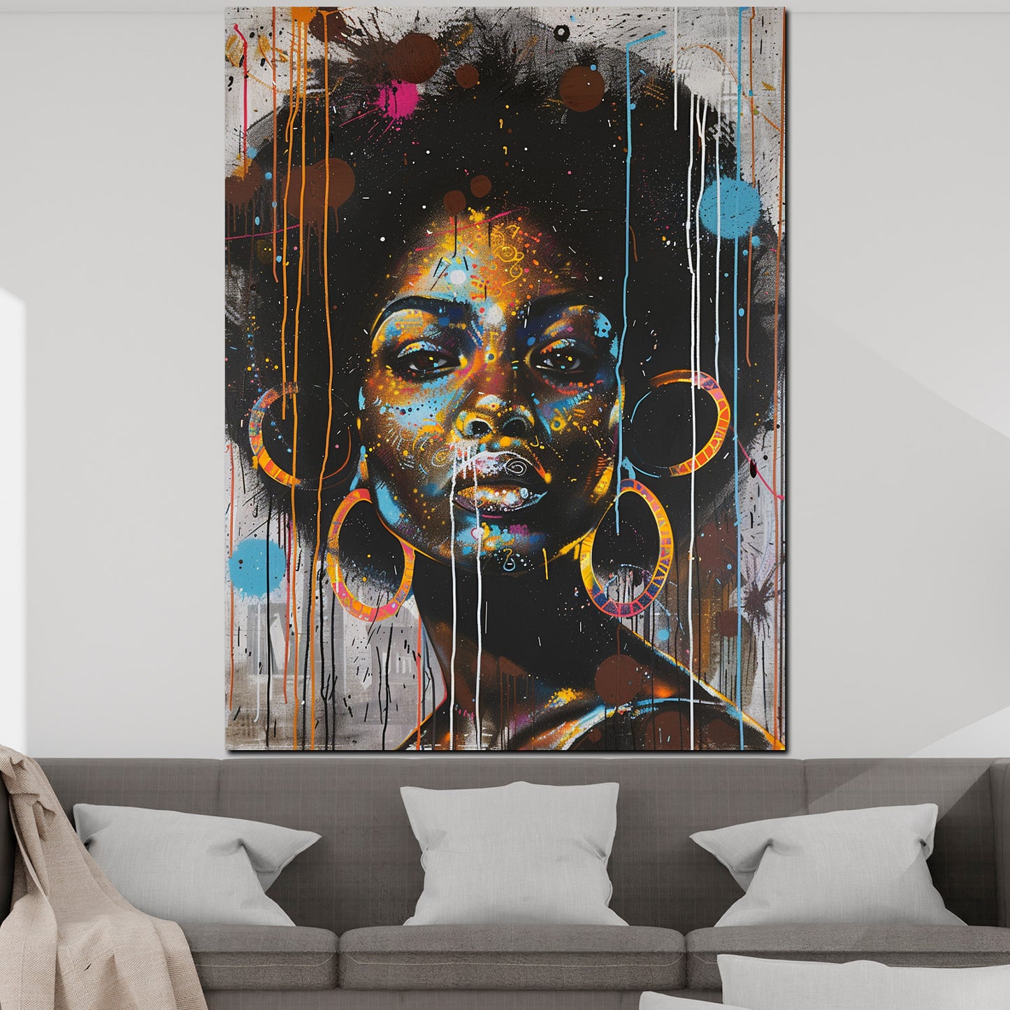 Quadro donna africana moderna con orecchini colorati in stile pop art