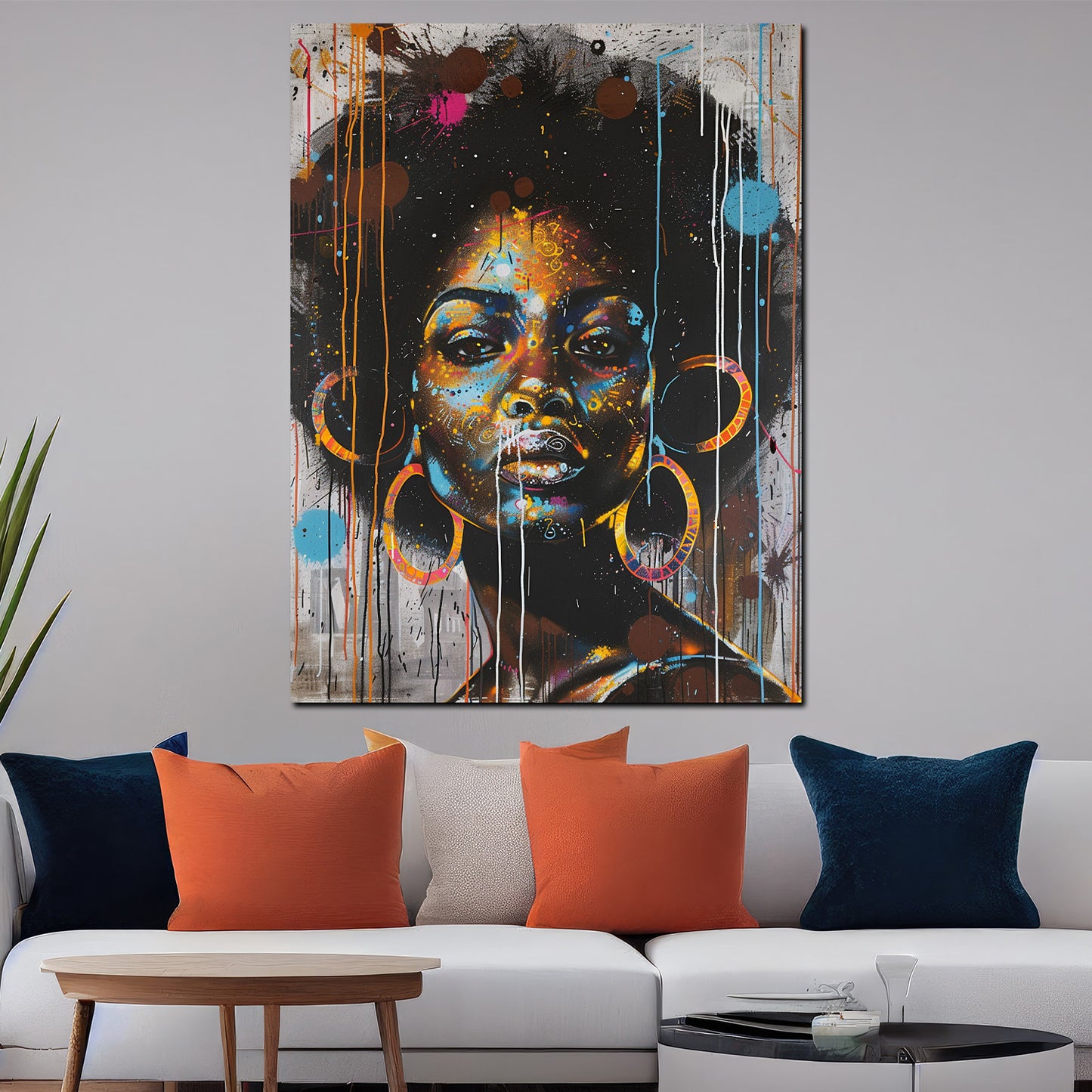 Quadro donna africana moderna con orecchini colorati in stile pop art