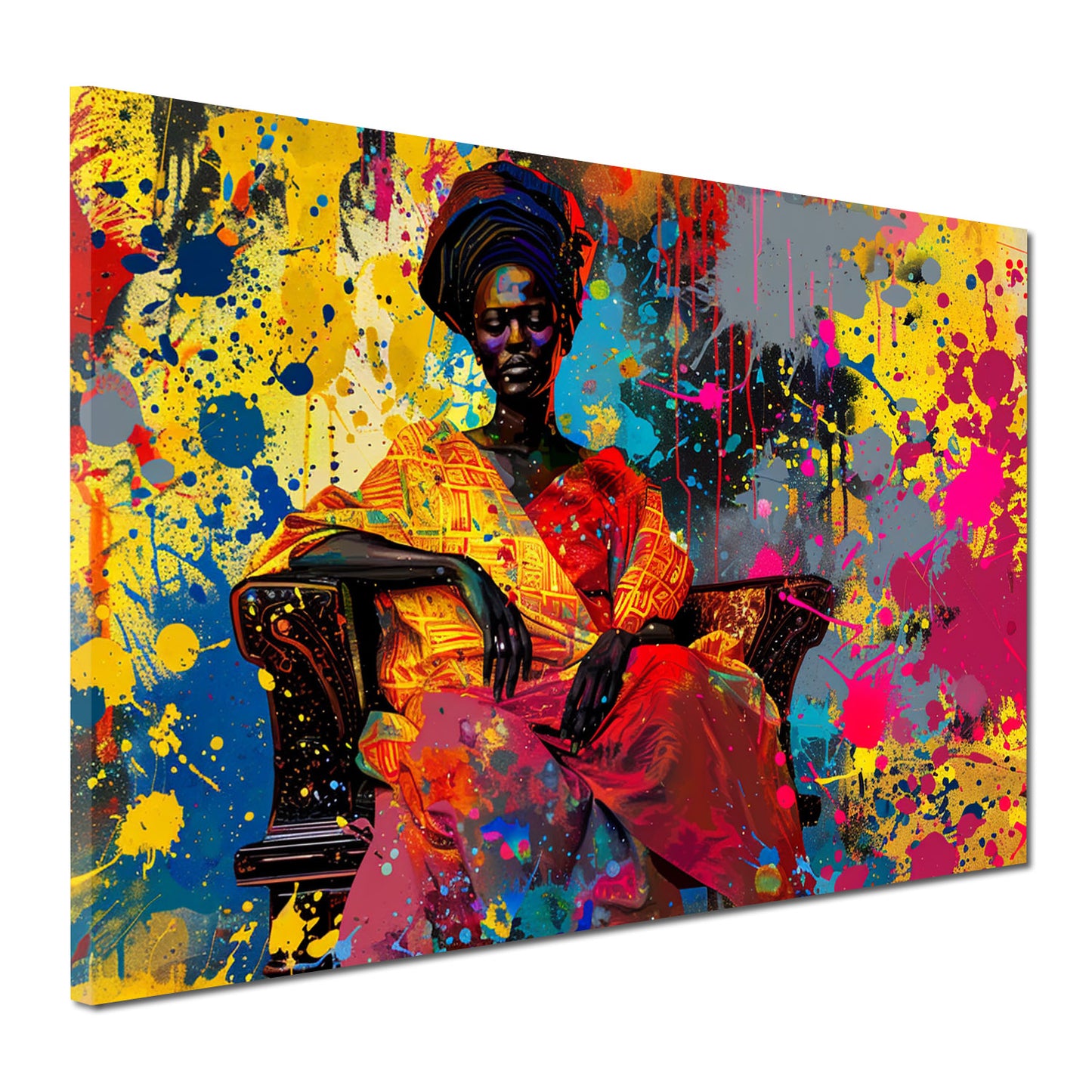 Quadro donna africana seduta con vestito tradizionale colorato stile