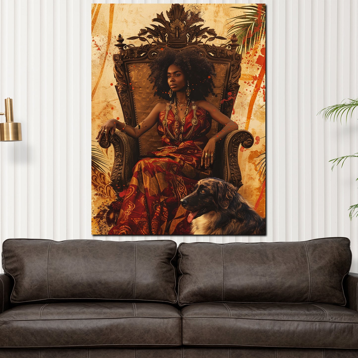 Quadro donna africana su trono con cane arte moderna